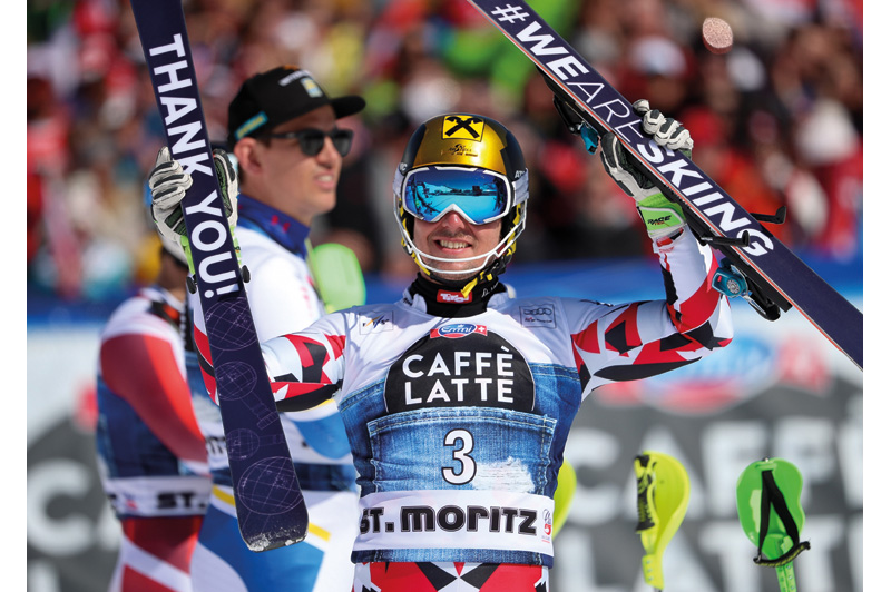 SANKT MORITZ,SWITZERLAND,20.MAR.16 - ALPINE SKIING - FIS World Cup Final, slalom, men. Image shows the rejoicing of Marcel Hirscher (AUT). Picture shot with a Canon EOS-1D X Mark II sample. Photo: GEPA pictures/ Christian Walgram